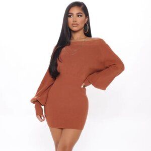✨Fashion Nova Elated Off The Shoulder Sweater Dress - Brown - Large